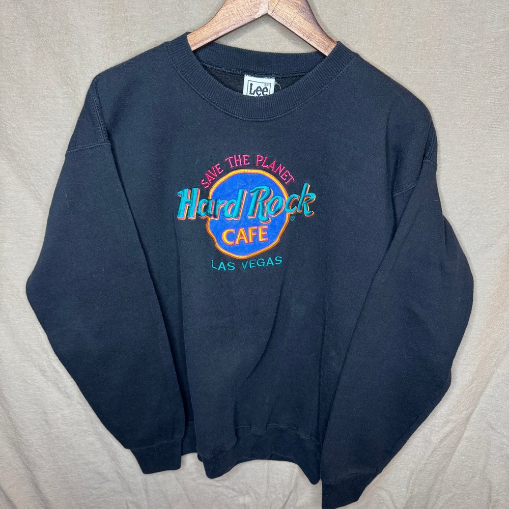 Vintage Las Vegas Hard Rock Cafe Retro Neon Crewneck Black Save The Planet L 90s